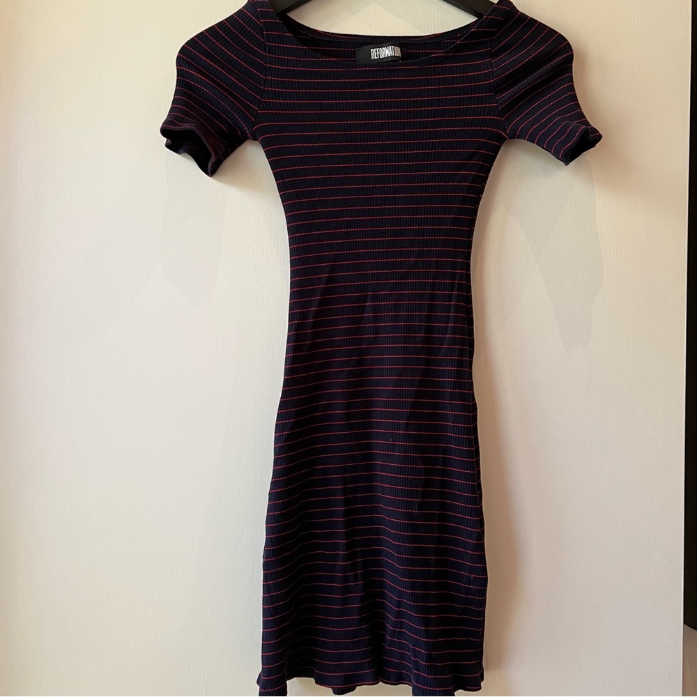 REFORMATION BLACK AND RED STRIPED RIBBED MINI DRESS